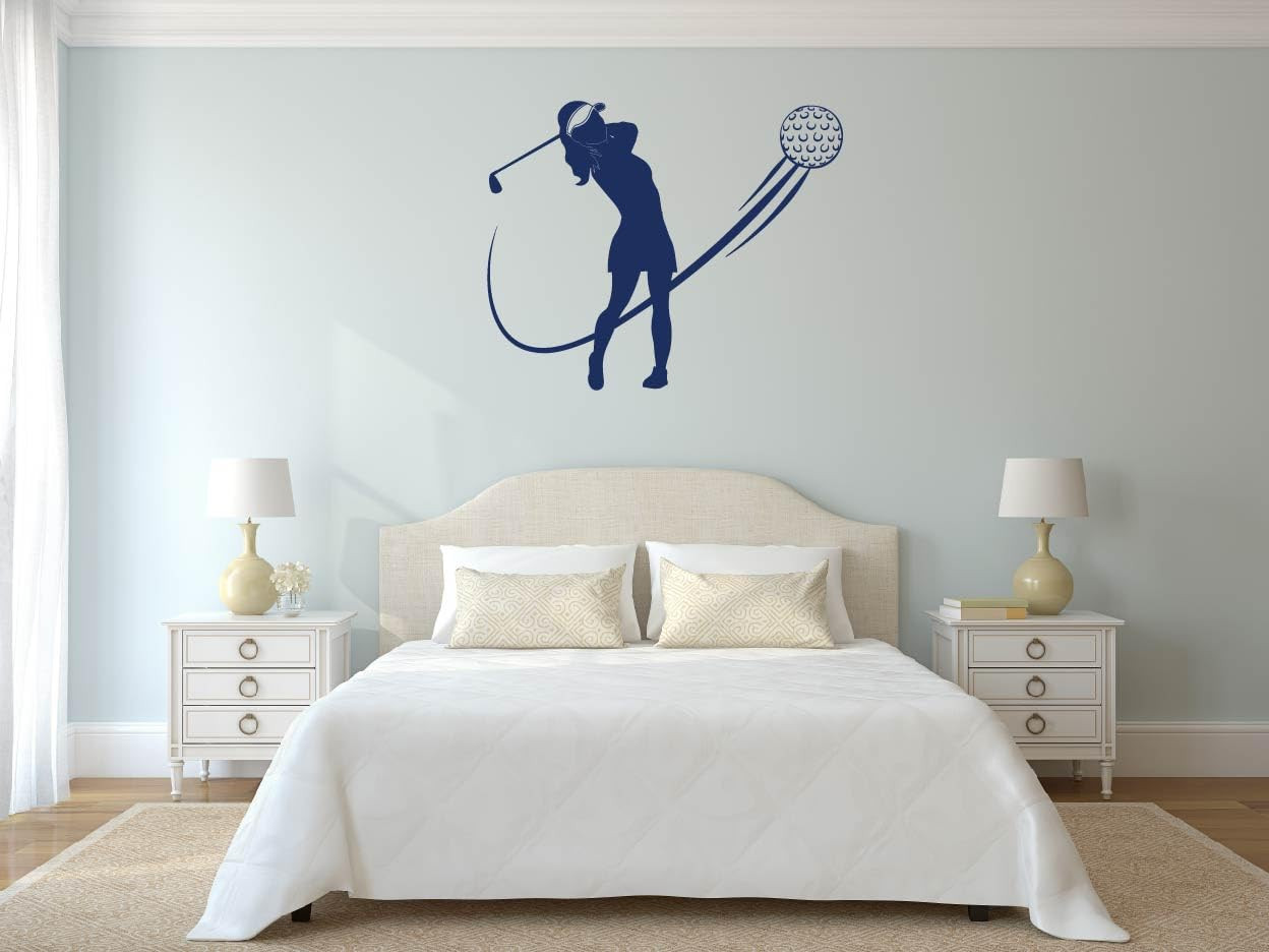 Female golf player wall decal silhouette above bedroom headboard