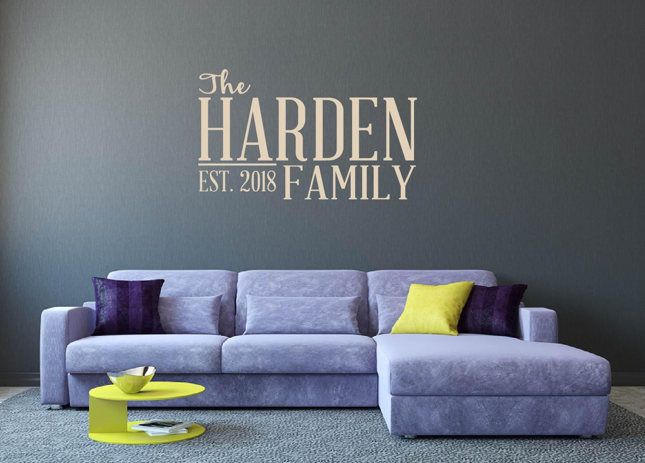 The Harden Family Est 2018 personalized modern wall decal above a sectional sofa