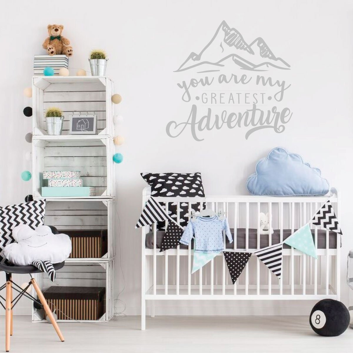 You Are My Greatest Adventure nursery wall decal with mountain design above a white crib