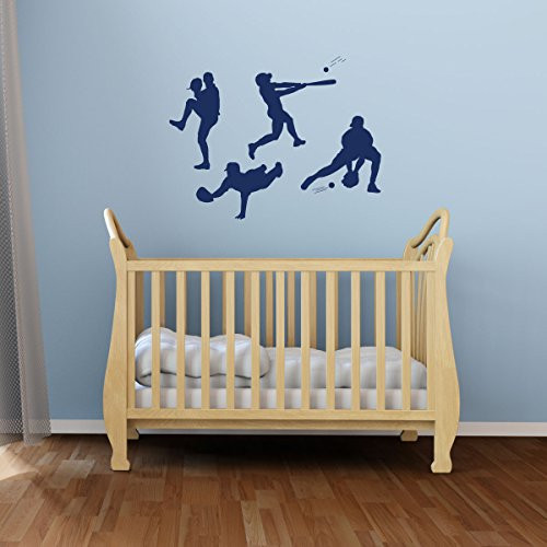Baseball player positions vinyl wall decals showing pitcher, batter, catcher, and fielder silhouettes