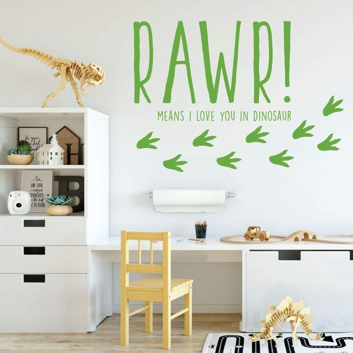RAWR Means I Love You In Dinosaur vinyl wall decal in a kids room