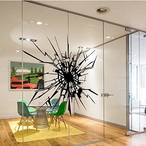 Broken Glass Design vinyl wall decal creating a realistic cracked glass illusion on a white living room wall