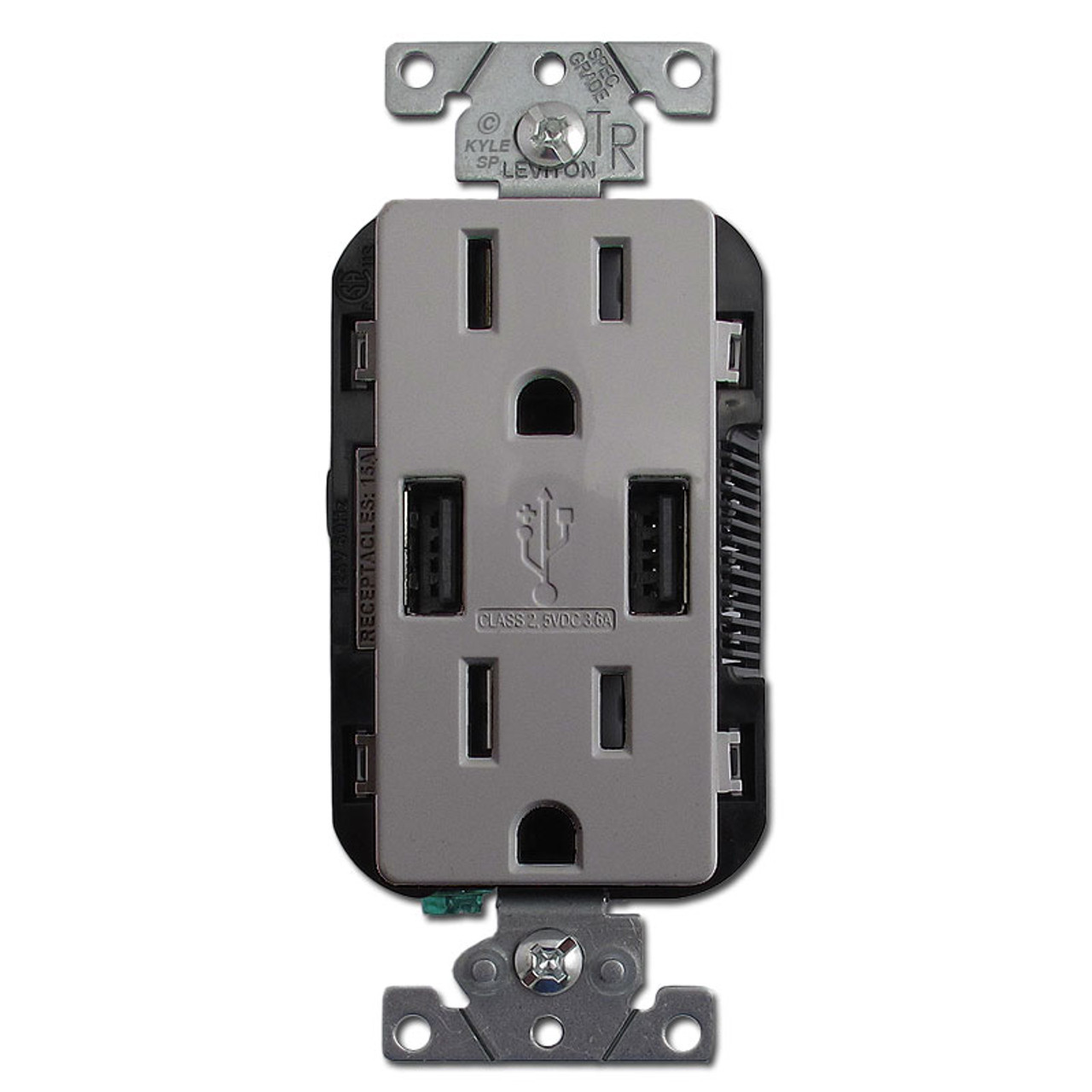 USB Wall Charger Outlet Duplex 15A TR 2 Port Leviton - Gray