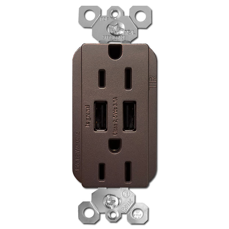 USB Charger Outlet Dual Plugs & Ports 15A - Dark Bronze