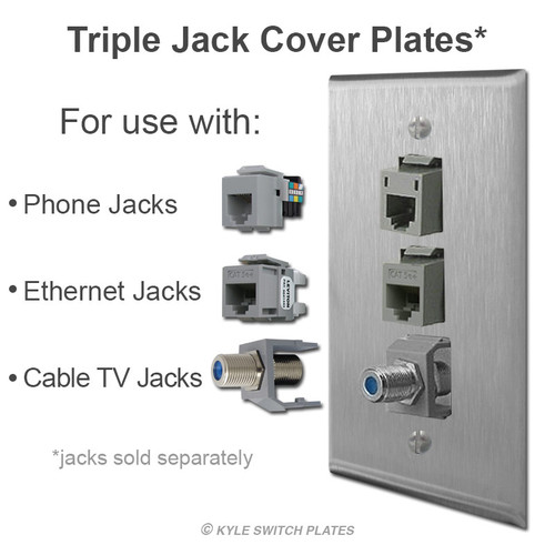 Triple Phone Jack Cover Plates Satin Stainless Steel