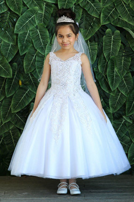 Girls White Communion Dress With Embroidered Lace Bodice 