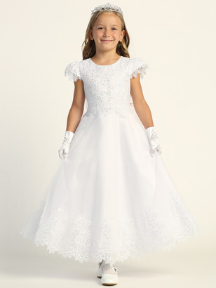 Girls Beautiful 1st Communion Dress With Embroidered Tulle Sequins