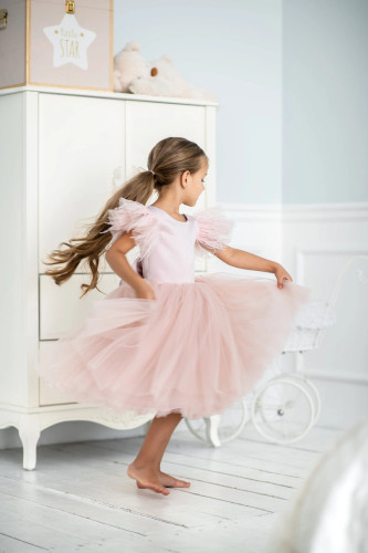 Girls Knee Length Flower Girl Satin Tulle Dress With Ostrich Feather