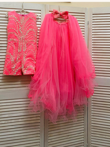 Girls Custom Embellished Beaded Pageant Party Romper with Tulle Train