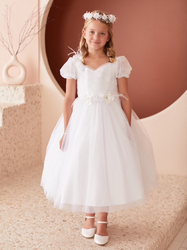 Girls Communion Gown with Exquisite 3D Flowers and Feathers