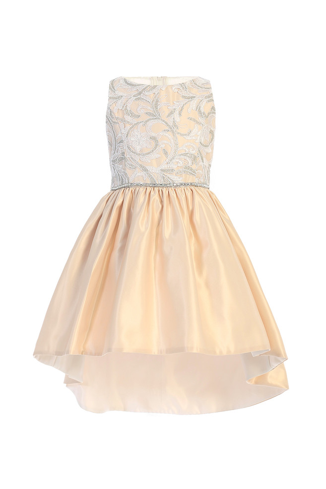 Little Girls Satin Party Dress With Lace Bodice And Hi Lo Skirt