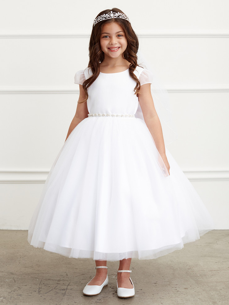 Girls Tea Length Communion Dress With Satin Bodice And Tulle Skirt