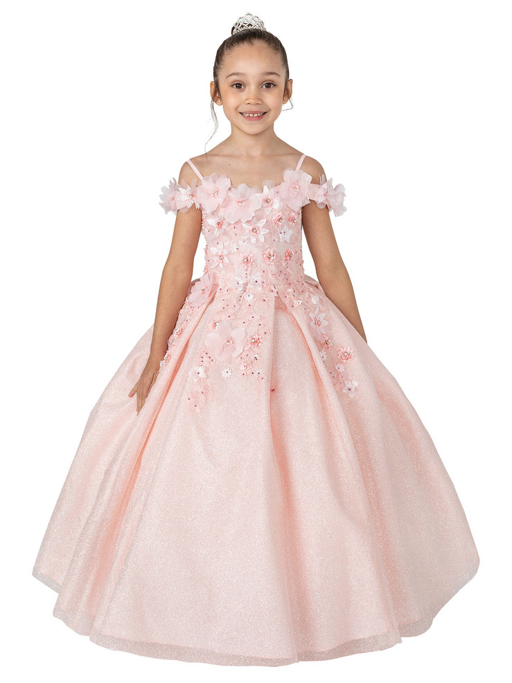 Girls All Glitter Off The Shoulder Formal Pageant Dress With 3D Flowers