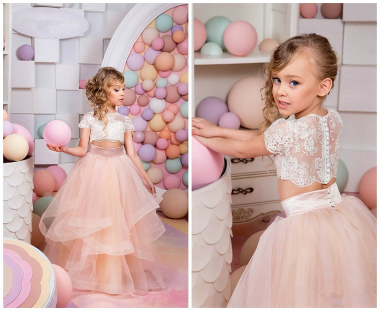 Girls Custom Two Piece Birthday Special Occasion Pageant Party Lace Tulle Outfit