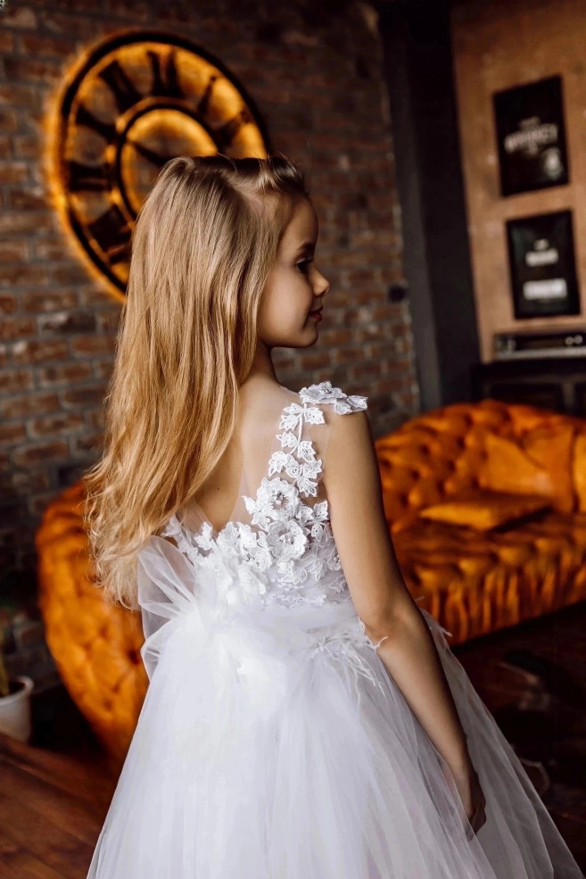 Custom Wedding Flower Girl Wedding Party 3D Floral Lace Satin Floor Length Dress