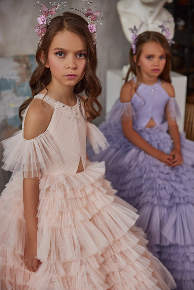 Pentelei Couture Girls Ruffled Tulle Pageant Flower Girl Formal Party Gown