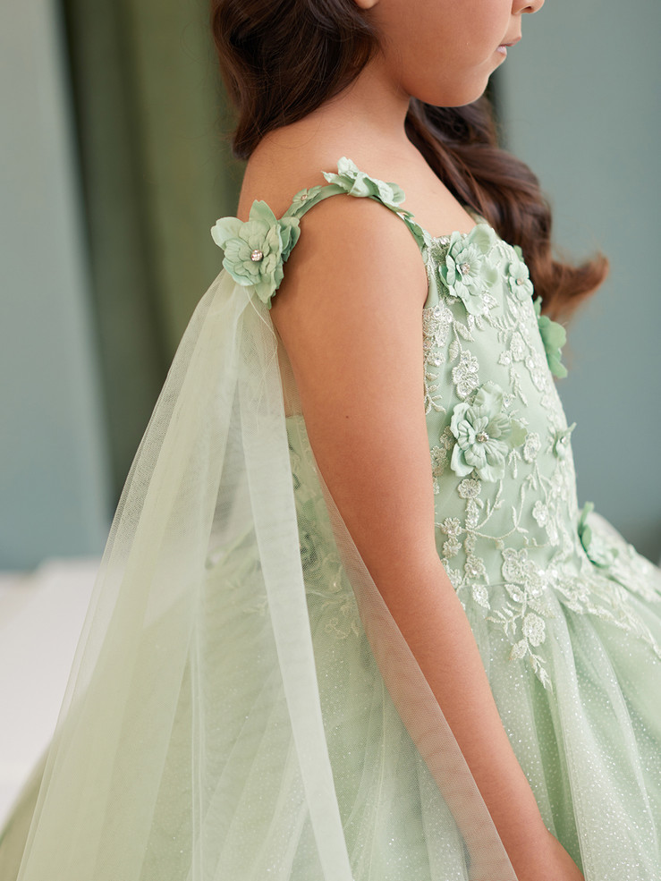 Elegant 3D Floral Lace Tulle Dress for Flower Girls & First Communion