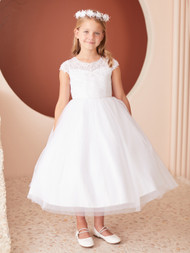Shop Tea Length Tulle Communion Dresses With Chic Ruched Bodice