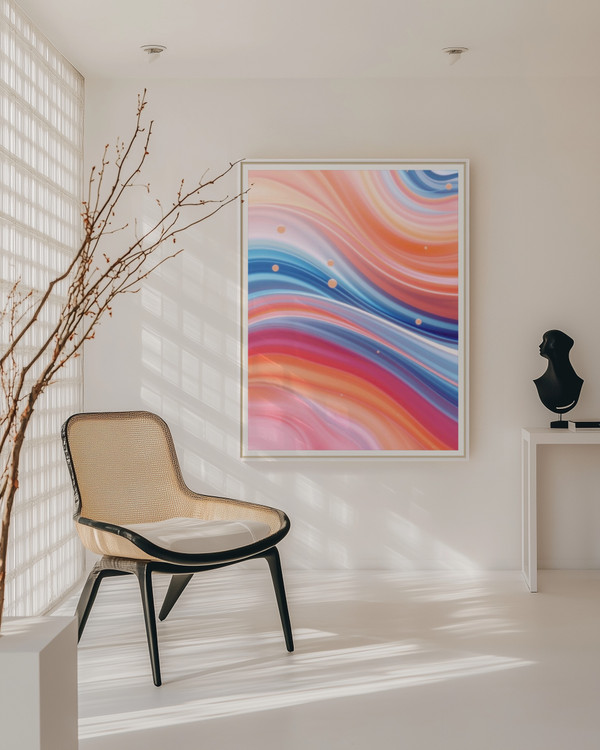 Colorful Abstract Marble Swirl Art Print in Minimalist White Interior