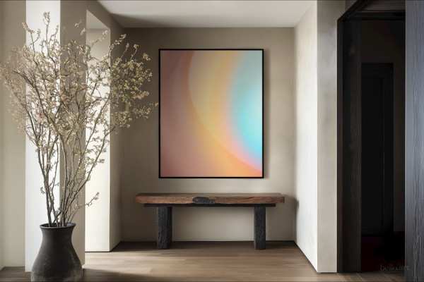 Modern abstract gradient canvas art featuring warm coral-to-cool-blue tones in a sleek black frame. Statement piece for entryways, living rooms & minimalist interiors.