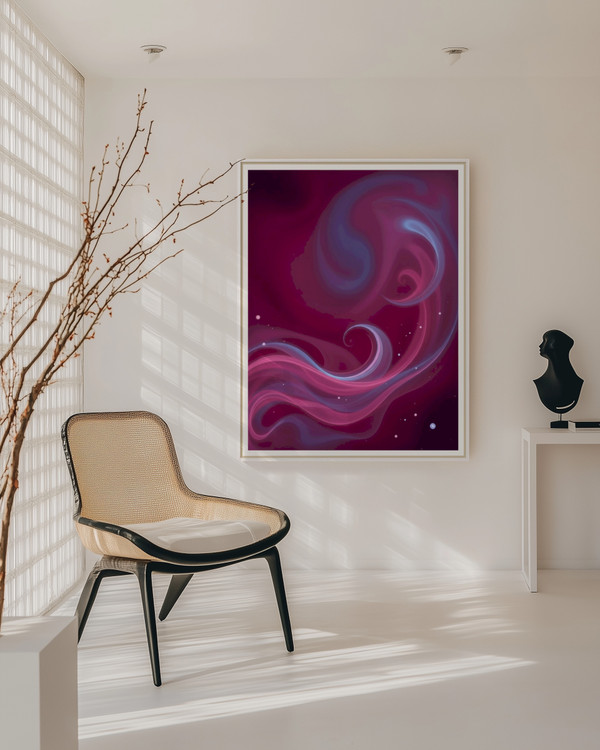 Moody magenta and violet abstract swirl print in a white frame. An elegant statement piece for modern, minimalist, or glam interiors.