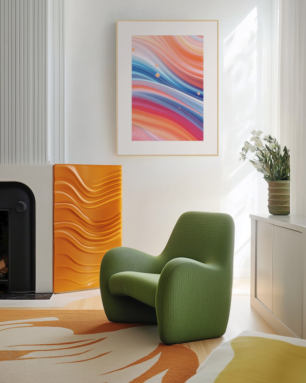 Colorful Abstract Marble Swirl Art Print in Vibrant Retro-Modern Living Room