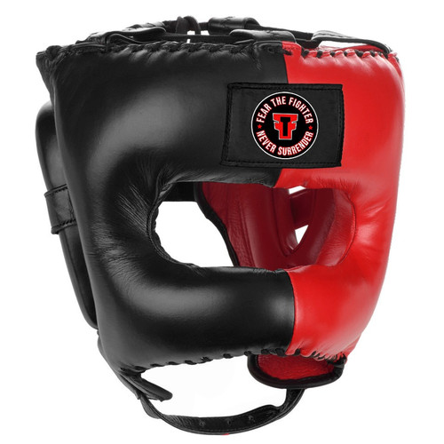FTF (FEAR THE FIGHTER) Traditional Headgear With Face-Saver Bar Black/Red