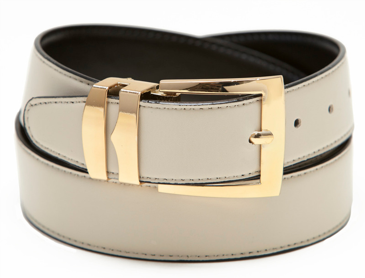 Men's Belt Reversible Wide Bonded Leather Gold-Tone Buckle CREAM / Black