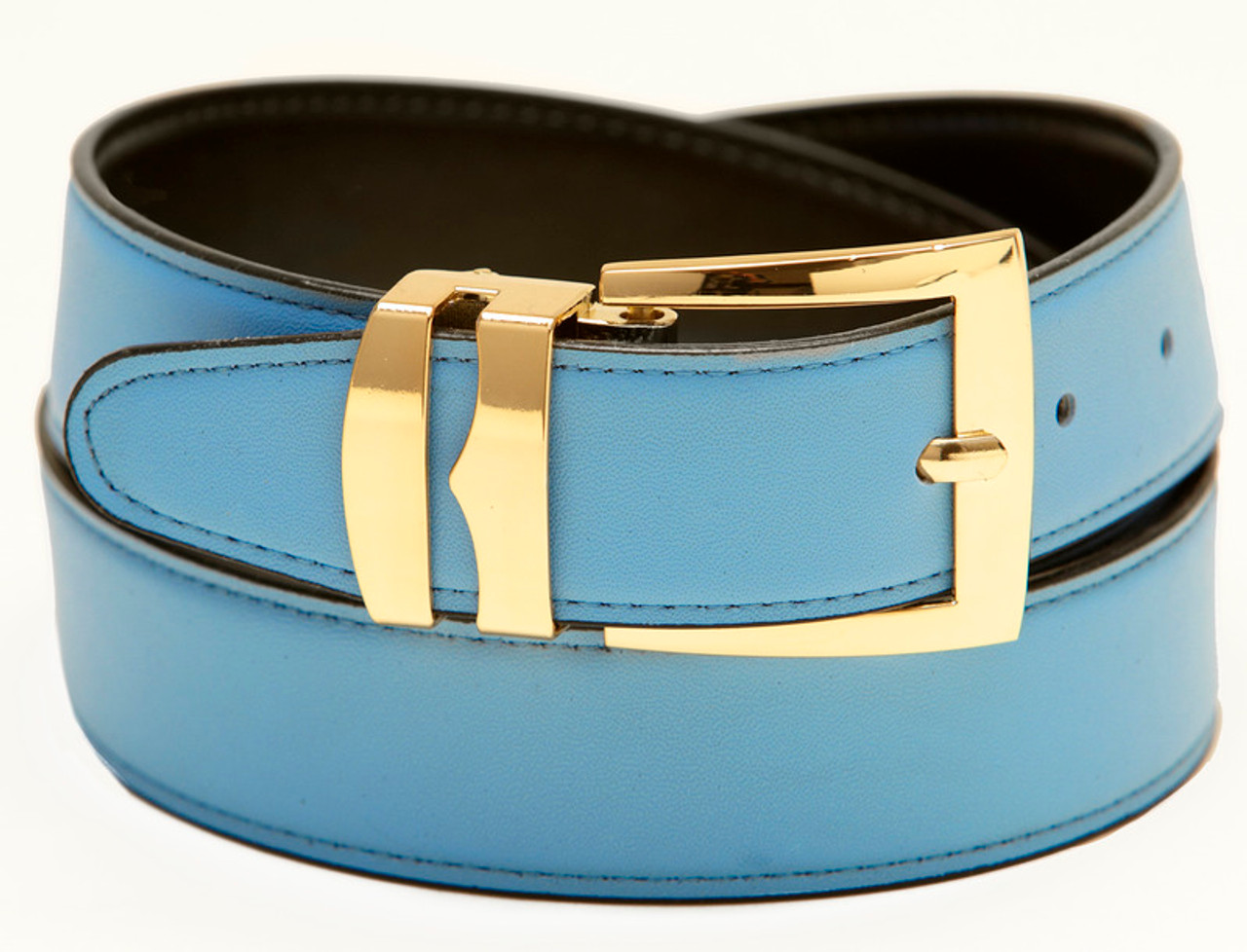 Reversible Belt Wide Bonded Leather ROYAL BLUE / Black with White Stitching  Gold-Tone Buckle