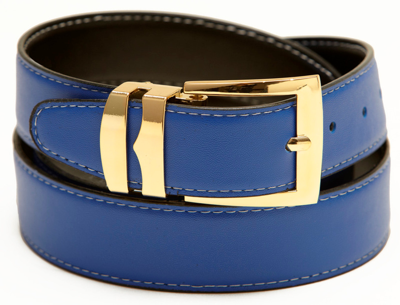 Reversible Belt Wide Bonded Leather ROYAL BLUE / Black with White Stitching  Gold-Tone Buckle