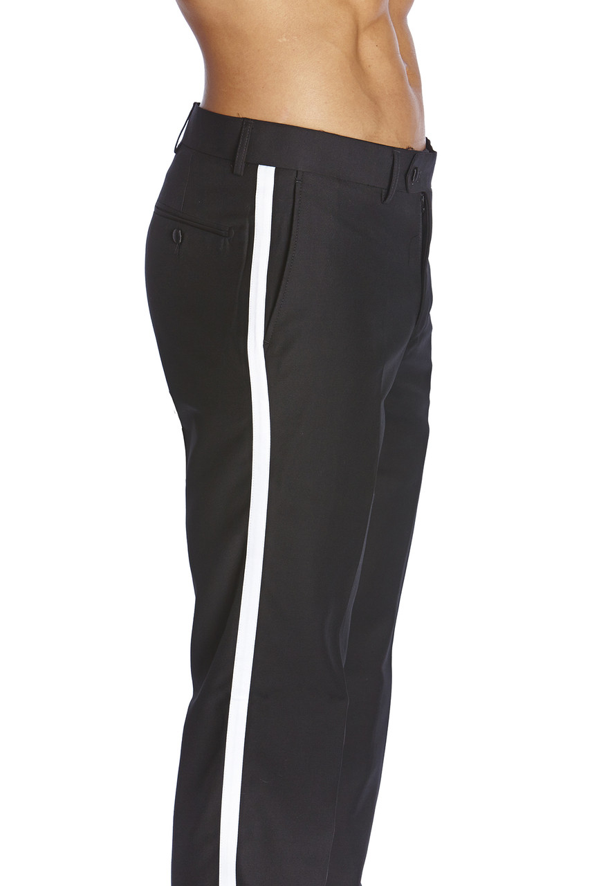Men's Black, Pleated Front, Comfort-Waist Tuxedo Pants with Satin Stri -  99tux