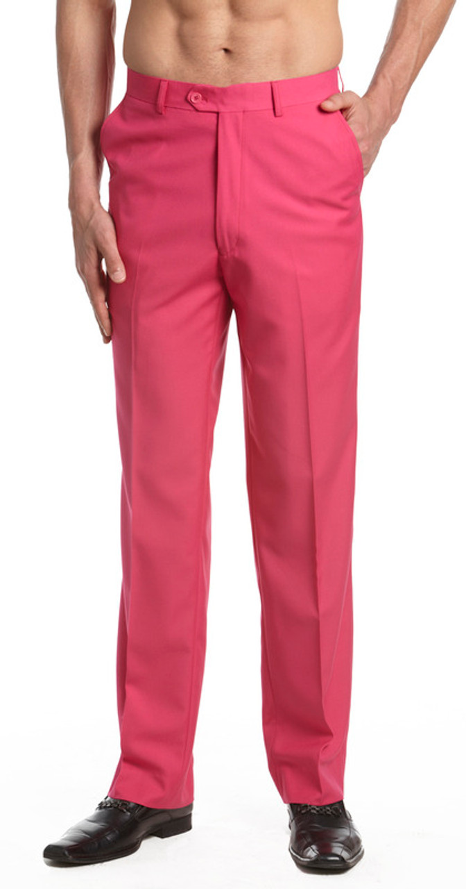 Men's Dress Pants Trousers Flat Front Slacks HOT PINK CONCITOR