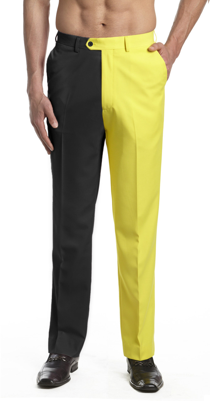Men's Dress Pants Trousers Flat Front Slacks Black and YELLOW CONCITOR