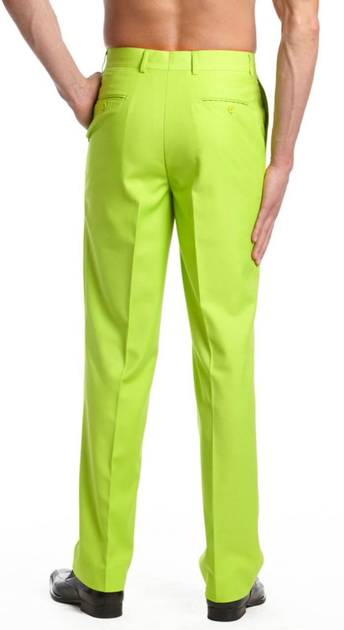 Men's Dress Pants Trousers Flat Front Slacks LIME GREEN CONCITOR