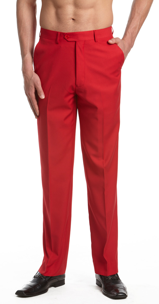 CONCITOR Men's TUXEDO Pants Tux Flat Front BLACK Satin Band Solid RED Color  - Solid Color Pants