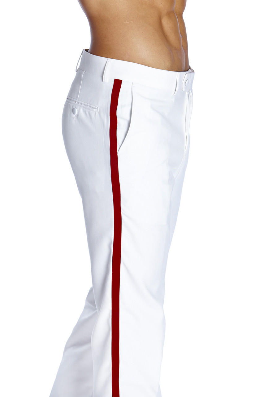 CONCITOR Men's Tuxedo Pants | Flat Front With Red Satin Stripe | Black Formal Dress Pants | Unhemmed Inseam | Sizes 28-50