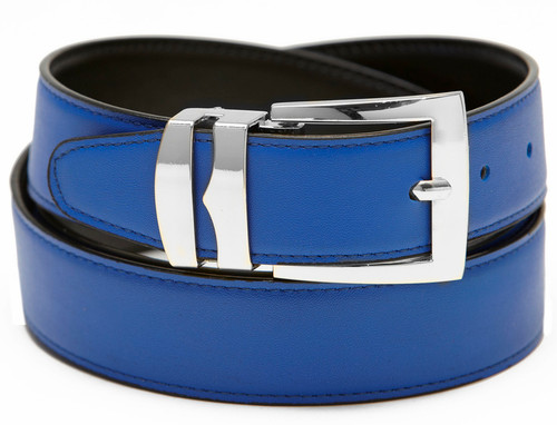 Reversible Belt Wide Bonded Leather ROYAL BLUE / Black with White Stitching  Gold-Tone Buckle