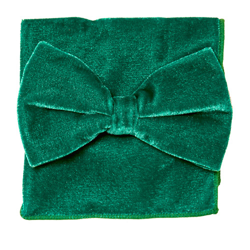 Bow Tie Handkerchief Set Solid GREEN Color VELVET Fabric BowTie Hanky Pocket Square