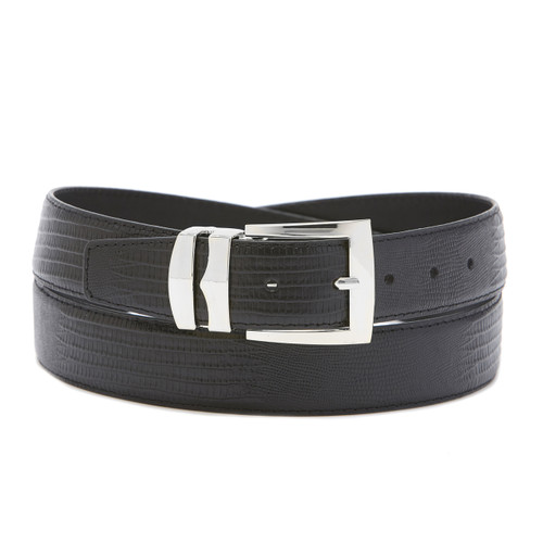 Men's Bonded Leather Belt Solid BLACK Color LIZARD Skin Pattern Silver-Tone Buckle