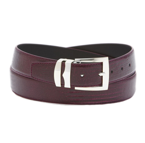 Men's Bonded Leather Belt Solid BURGUNDY Color LIZARD Skin Pattern Silver-Tone Buckle