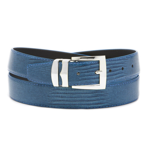 Men's Bonded Leather Belt Solid NAVY BLUE Color LIZARD Skin Pattern Silver-Tone Buckle