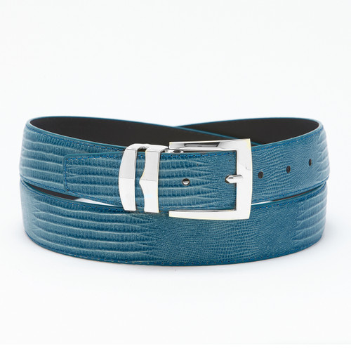 Men's Bonded Leather Belt Solid FRENCH BLUE Color LIZARD Skin Pattern Silver-Tone Buckle