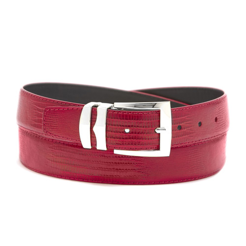 Men's Bonded Leather Belt Solid FIRE RED Color LIZARD Skin Pattern Silver-Tone Buckle