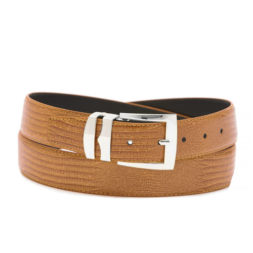 Men's Bonded Leather Belt Solid CONGAC BROWN Color LIZARD Skin Pattern Silver-Tone Buckle
