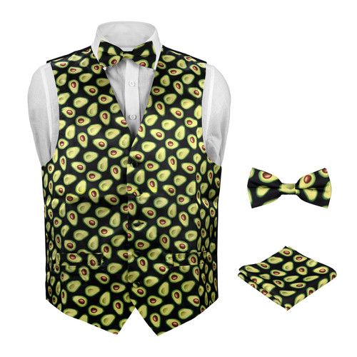 Concitor Men's Dress Vest AVOCADO Pattern Design with Black Background.  Guac Aguacate Mens BOW Tie Hanky Set