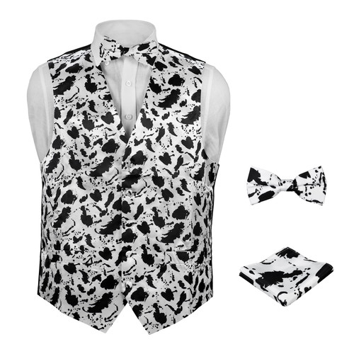 Concitor Men's Dress Vest COW Pattern Design with Black Background. Vaca Animal Cattle Milk Cow Mens BOW Tie Hanky Set