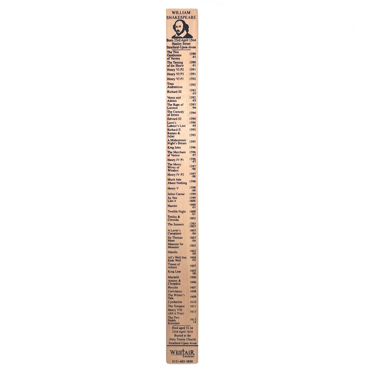 William Shakespeare Timeline of Works Ruler | Westminster Abbey Shop