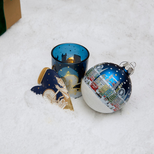 Dark Blue London Christmas Scene Glass Tealight