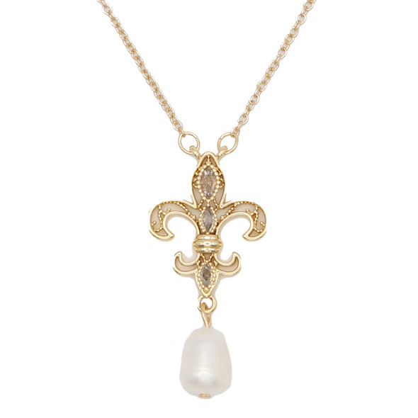 Fleur de Lys Drop Necklace with Faux Pearl