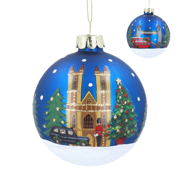 London Christmas Scene Blue Glass Bauble